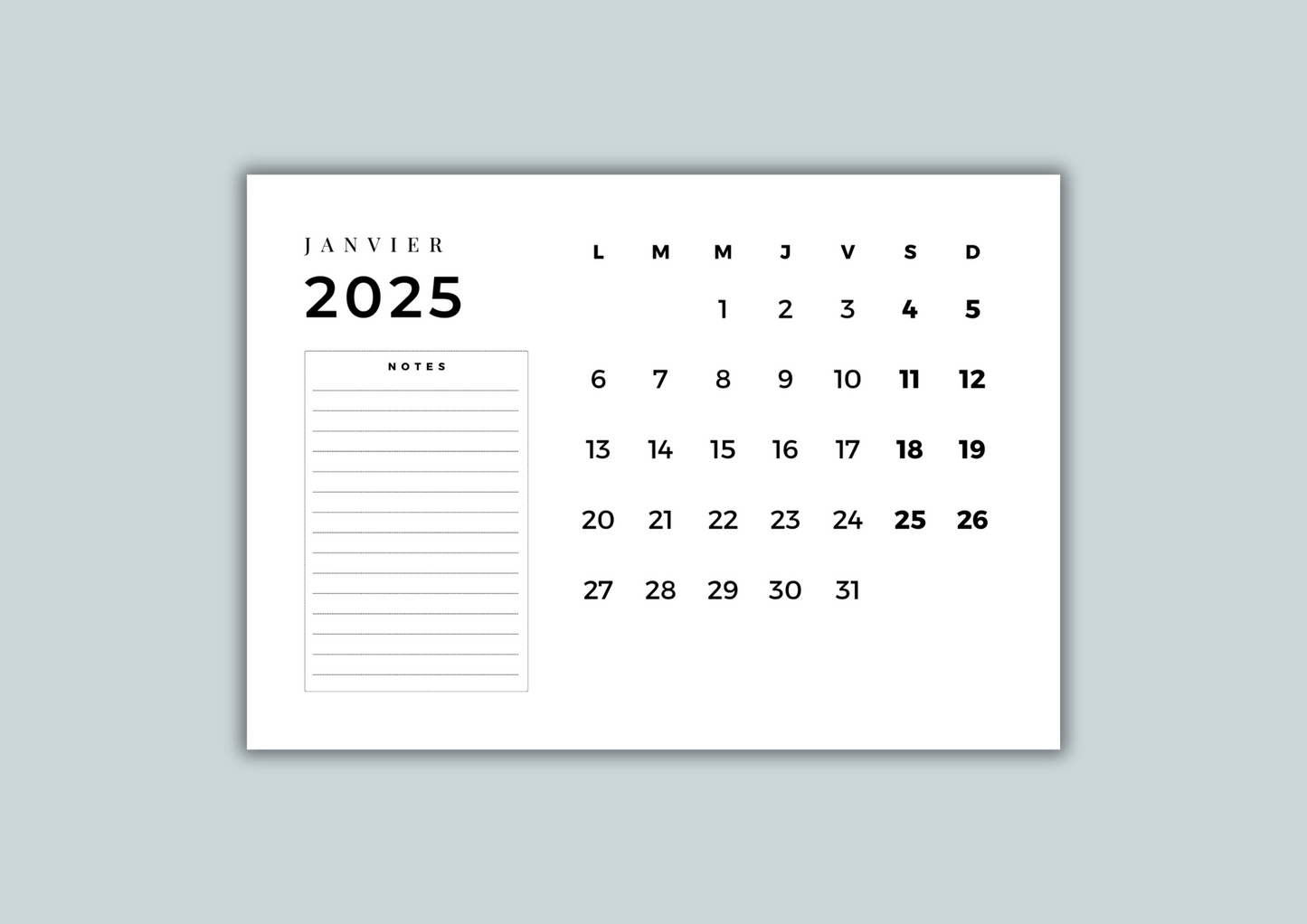 Calendrier Digital Minimaliste 2025